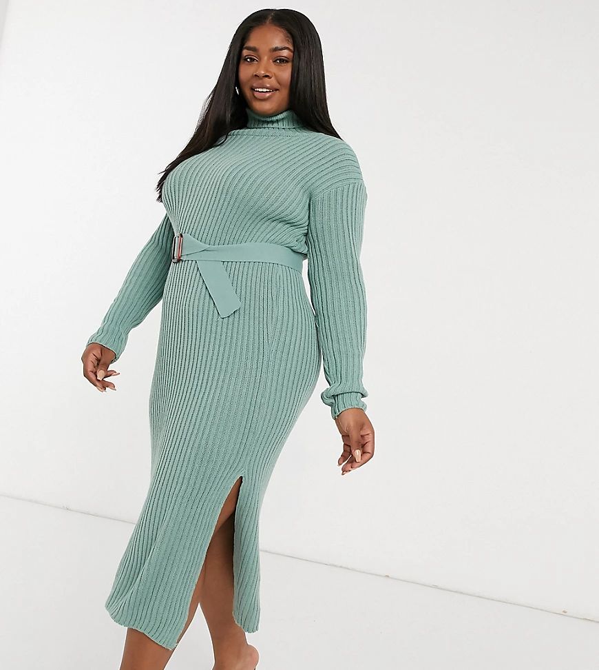 In The Style Plus x Billie Faiers roll neck knitted dress with belt in sage-Green | ASOS (Global)