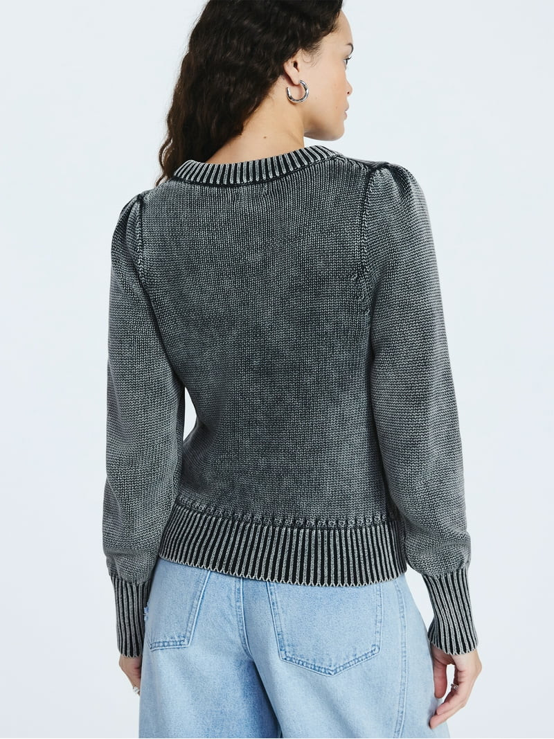Scoop Women’s Acid Wash Cotton Sweater with Long Puff Sleeves, Midweight, Sizes XS-XXL | Walmart (US)