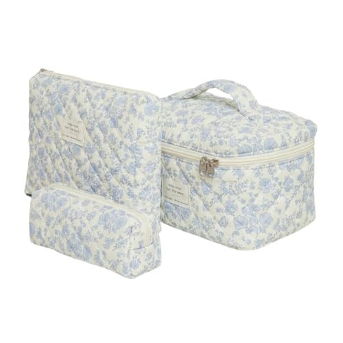 GZGTUU 3 PCS Blue Floral Makeup Bag Set, Quilted Cotton Cosmetic Pouch, Large Travel Toiletry Case for Women, Cosmetics Organizer (Blue Floral Pattern) | Amazon (US)