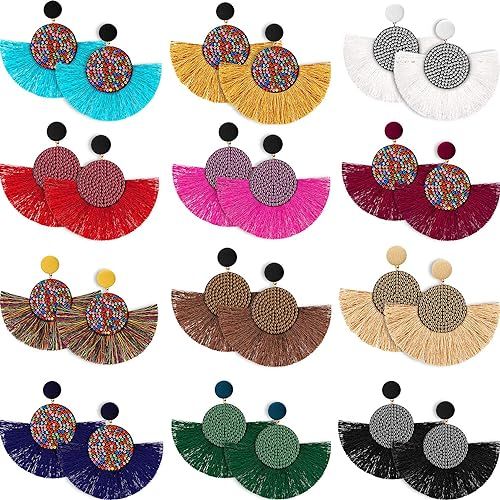 12 Pairs Statement Tassel Earrings Fringe Dangle Earrings Handmade Bohemian Statement Earrings fo... | Amazon (US)