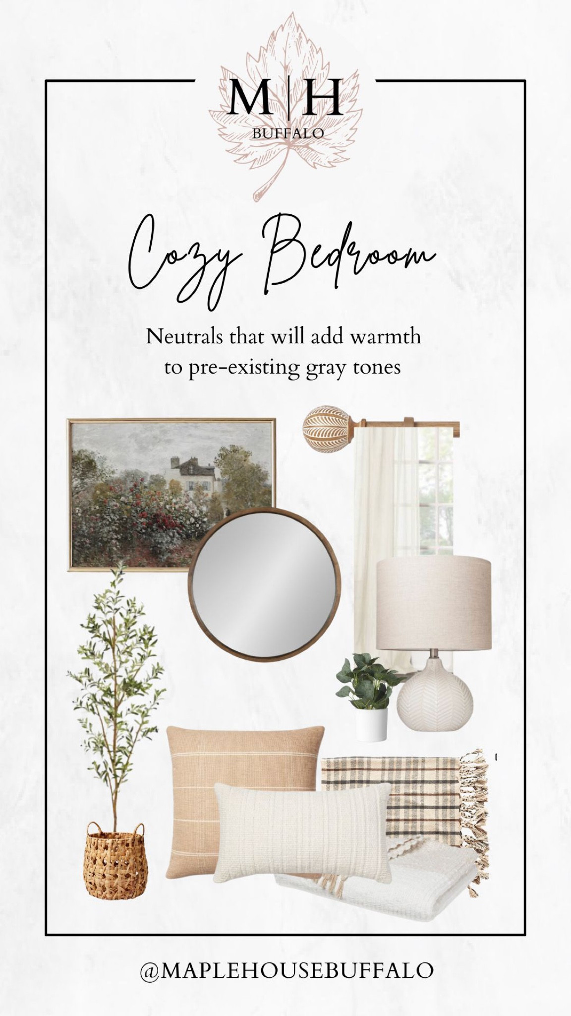Cozy bedroom - primary bedroom - neutrals that will warm-up any pre-existing gray tones - vintage artwork - olive tree - round mirror - wood tones

#LTKstyletip #LTKhome #LTKFind