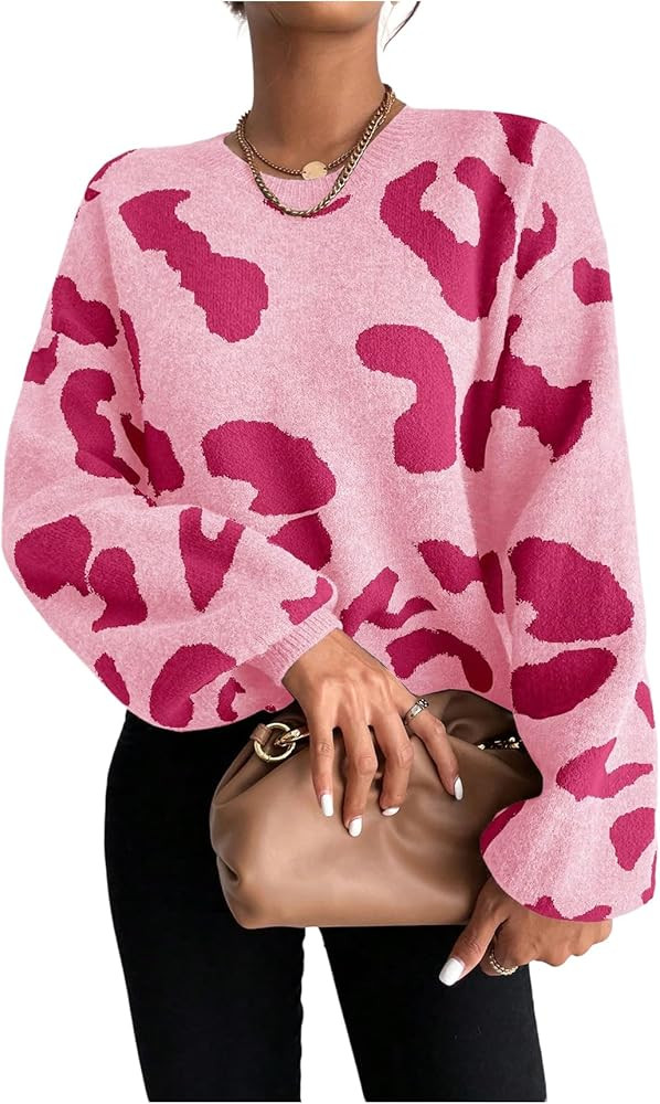 Verdusa Women's Drop Shoulder Leopard Sweater Old Money Crew Neck Knit Tops | Amazon (US)