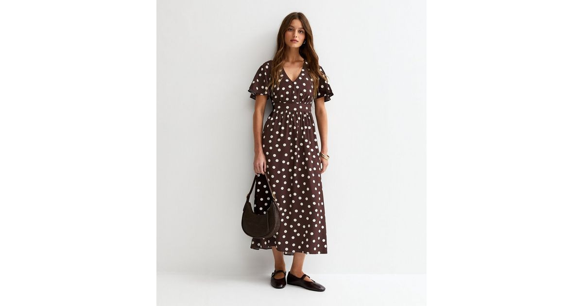 Brown Polka Dot Flutter Sleeve Midi Dress | New Look | New Look (UK)