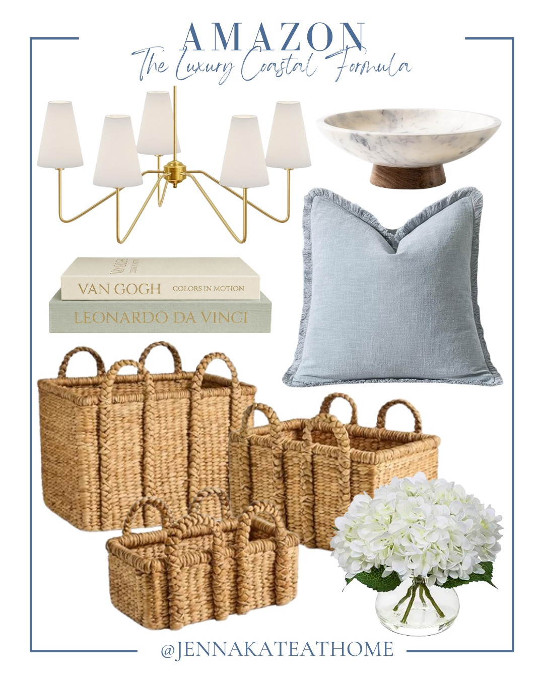 Luxury coastal formula includes faux florals, woven baskets, throw pillow, stacked books, chandelier, and decorative bowl.

Home decor, coastal home, looks for less, home accents

#LTKHome #LTKSeasonal #LTKSaleAlert