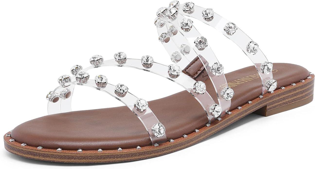 DREAM PAIRS Women's Clear Studded Rhinestone Slide Sandals Slip on Open Toe Cute Flat Sandals for... | Amazon (US)