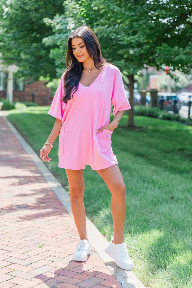 On A Daily Basis Pink Deep V-Neck Pocketed Romper | Pink Lily