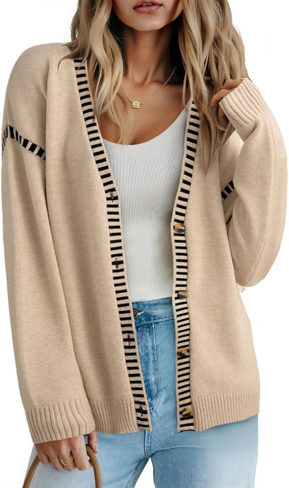 Dokotoo Womens Oversized Cardigan Sweaters Casual Coats Long Sleeve Button Front Stripes Trim Fal... | Amazon (US)