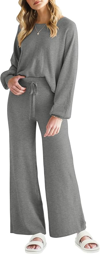 Amazon.com: ANRABESS Women’s Two Piece Sweatsuit Lantern Long Sleeve Crewneck Crop Top and Wide... | Amazon (US)