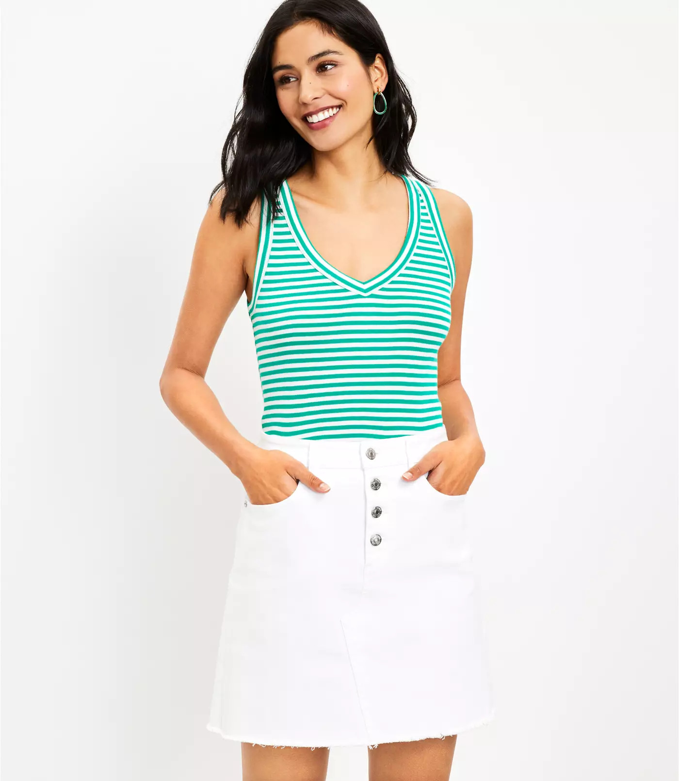 Frayed Button Front Denim Skirt in White | LOFT