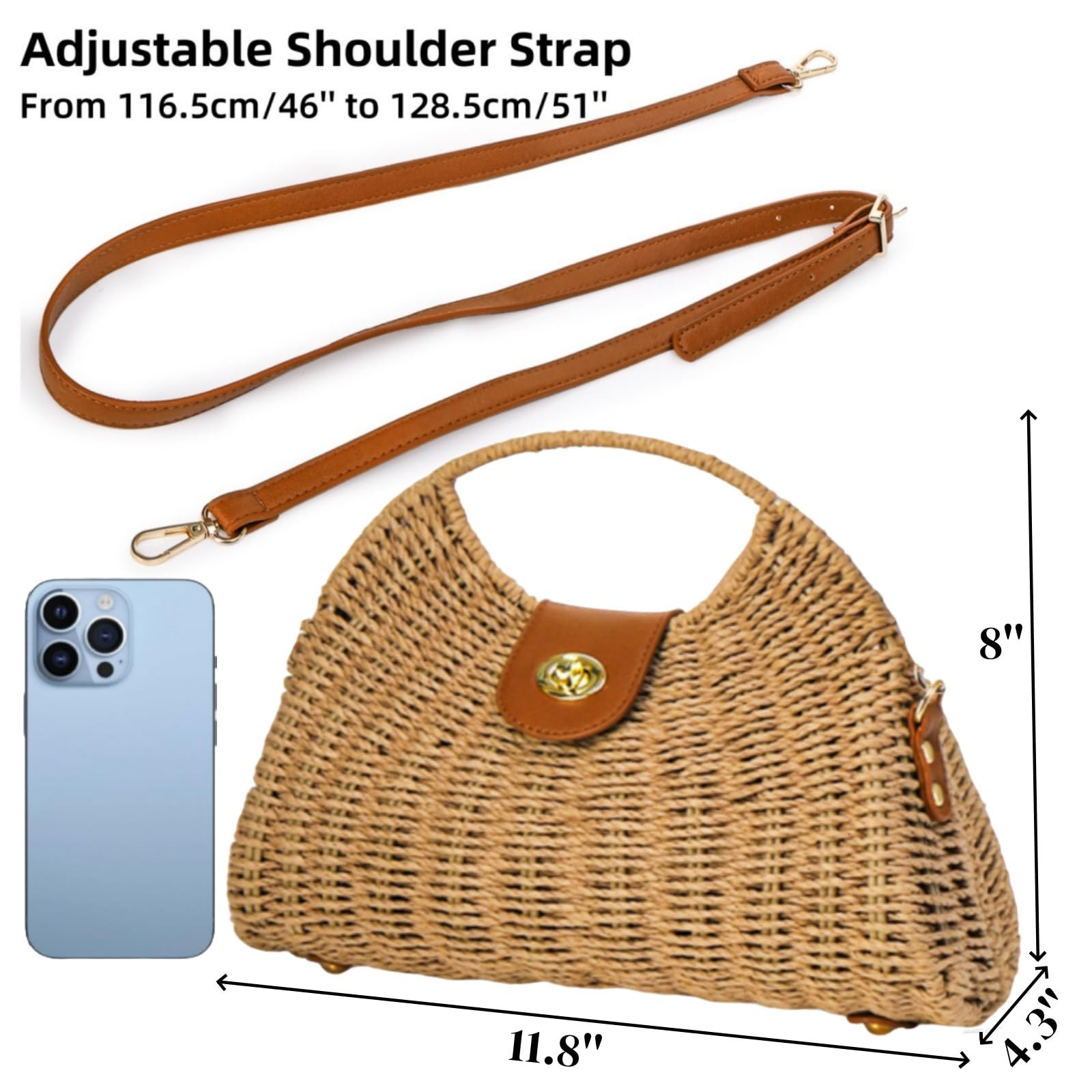 Straw Crossbody Bag for Women, Handwoven Rattan Beach Straw Purse with Handle, Detachable Strap, ... | Amazon (US)