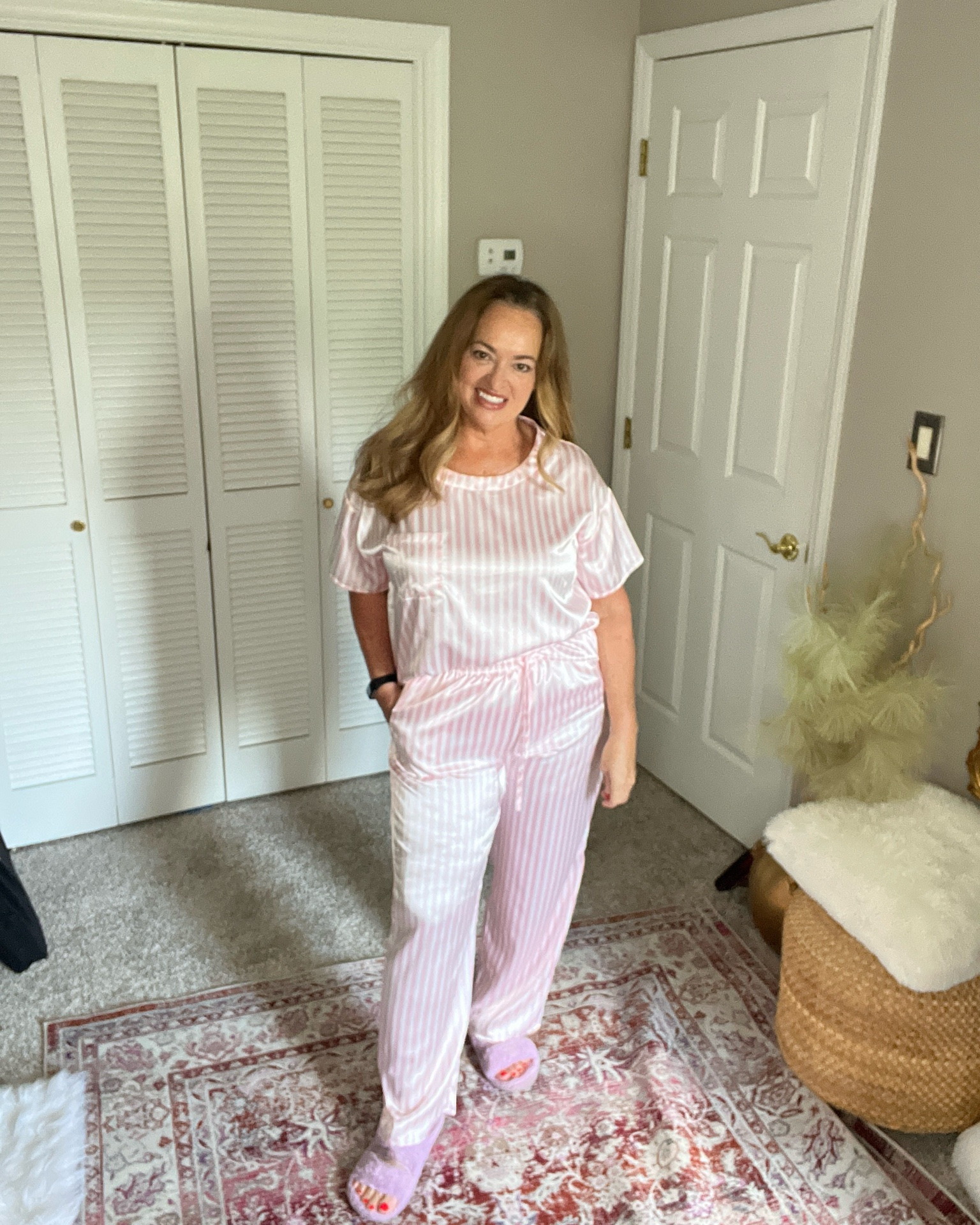 Satin pink stripe pj set.

#LTKWedding #LTKTravel #LTKOver40