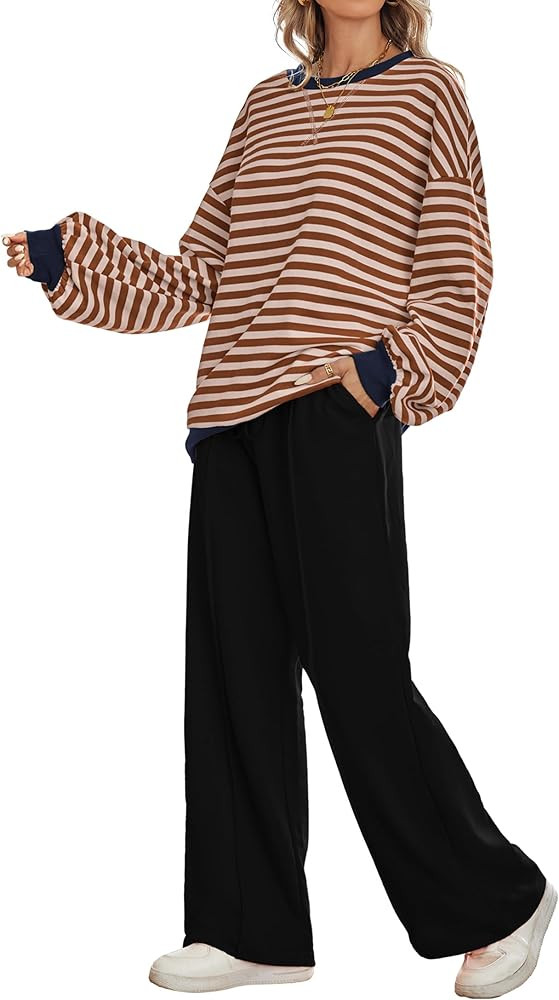 Women's 2 Piece Outfits Striped Color Block Oversized Sweatshirt Wide Leg Sweatpants Trendy Track... | Amazon (US)