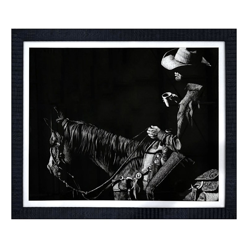 Glass Framed Cowboy Scratchboard I Paper Print Wall Art, 30.8x24.8 | At Home