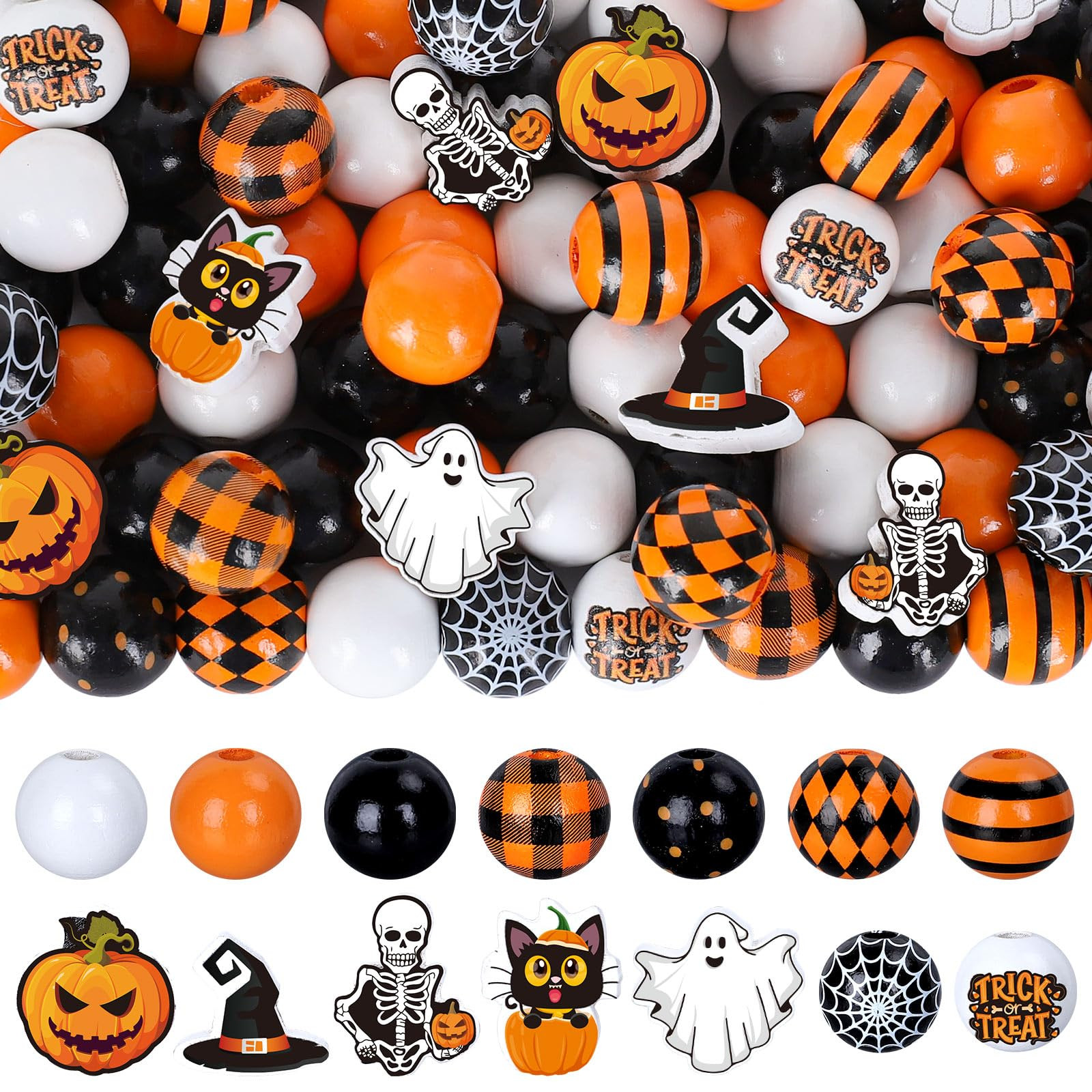 220Pcs Halloween Wooden Beads 14 Styles Wood Loose Beads Orange Black Pumpkin Ghost Shaped Beads ... | Amazon (US)