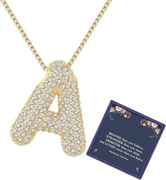 Bubble Letter Necklace Gold for Women，Charm Balloon Initial Letter Pendant Zirconia Inlaid Neck... | Amazon (US)
