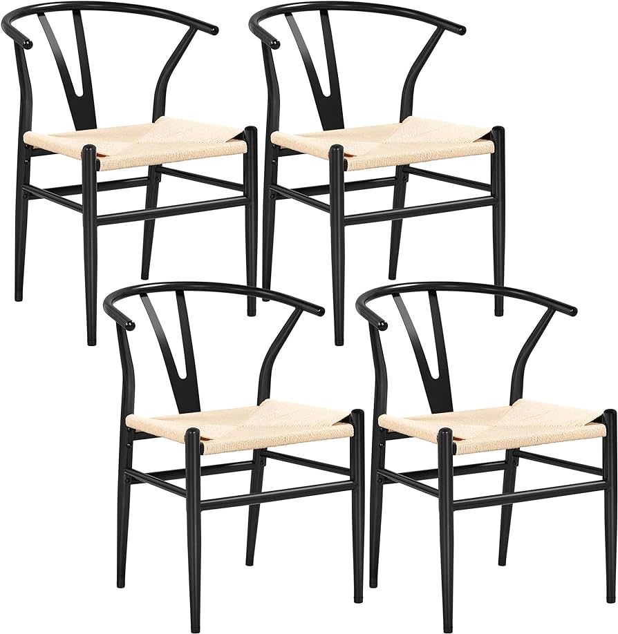 Yaheetech Set of 4 Weave Chair Mid-Century Metal Dining Chair Y-Shaped Backrest Hemp Seat, Black | Amazon (US)