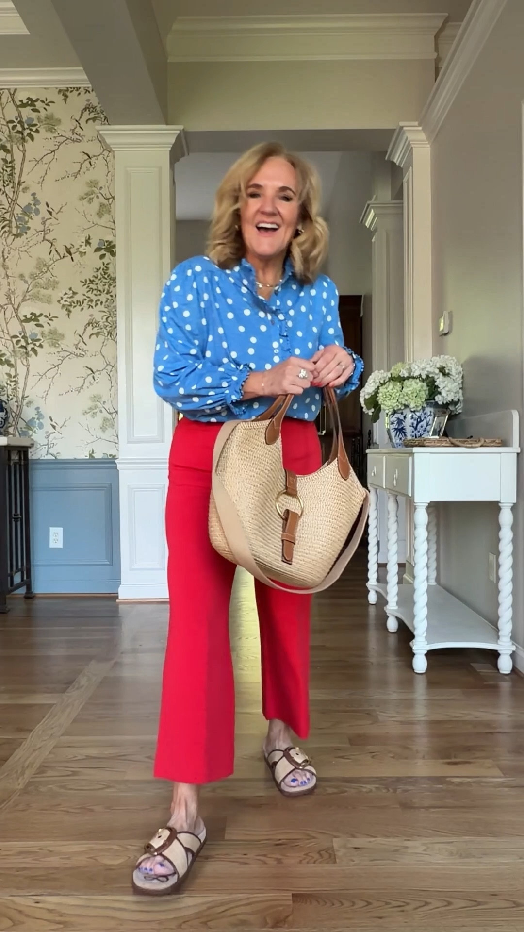 Knit Colette pants on sale. This is the red. I’m wearing a 29 petite. I could do the 29 reg. You might size up if inbetween. Or have a fuller tummy. 
Knit blouse from Boden. Darling. Size 10 regular 
There’s a 15% off Boden code when you get online. 
10% off my bag code NANETTE10
spring outfit Memorial Day outfit business casual 
20% off code for electric picks TAKE20

#LTKWorkwear #LTKOver40 #LTKSaleAlert