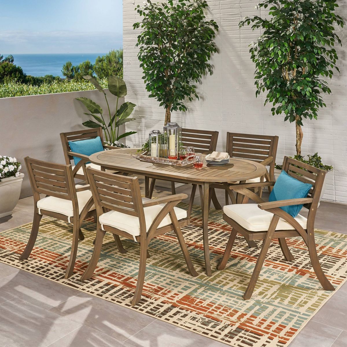 Hermosa 7pc Acacia Wood Oval Dining Set Gray/Cream - Christopher Knight Home | Target
