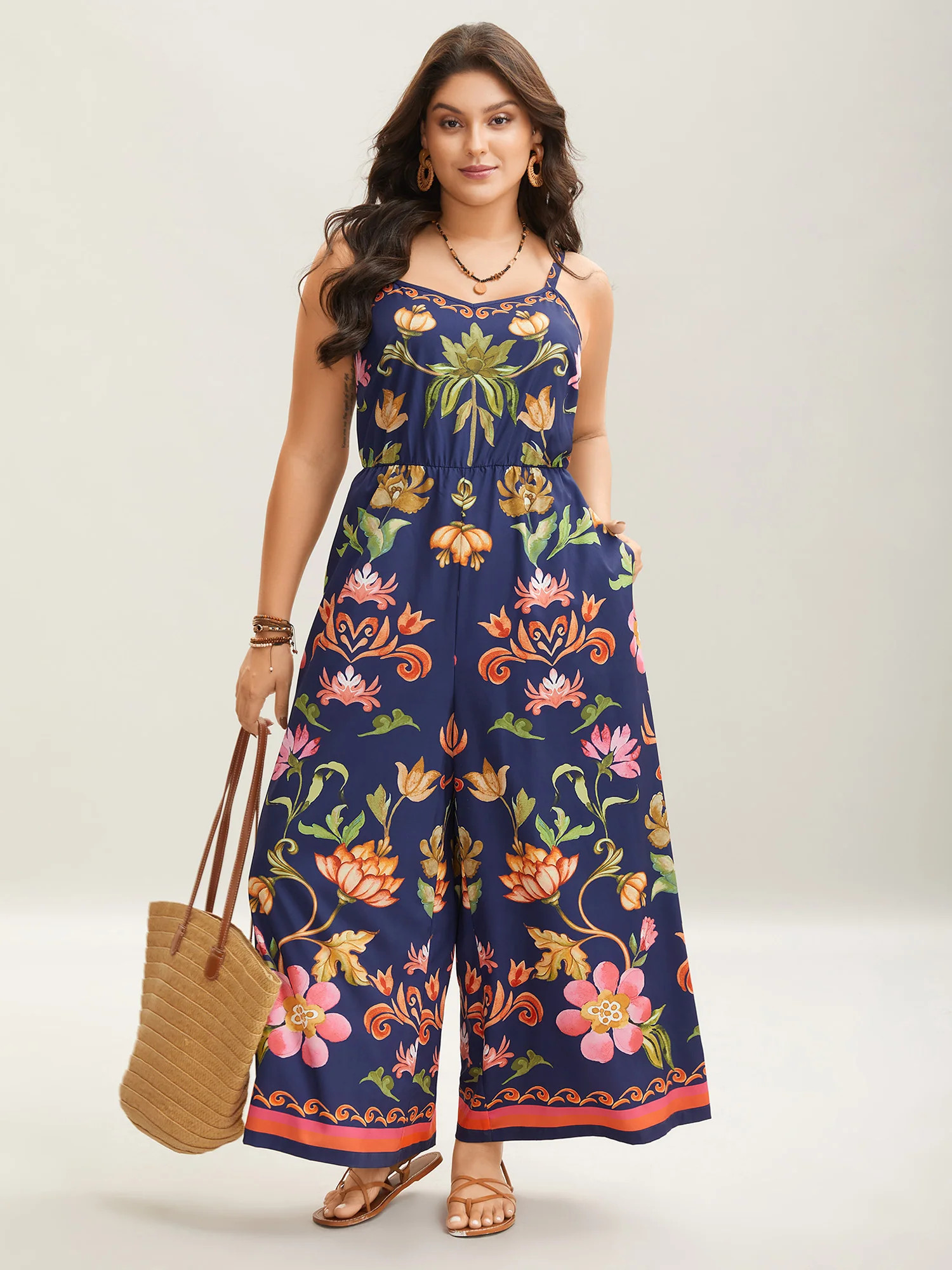 Tropical Flowers Print Pockets Cami Jumpsuit | Bloomchic