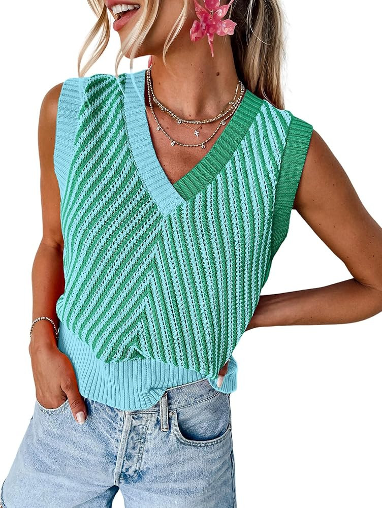 MARZXIN Women Sleeveless Sweater V Neck Casual 2026 Fall Knitted Chevron V Neck Sweater Vest Colo... | Amazon (US)
