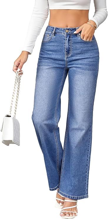 PLNOTME Women's High Waisted Baggy Jeans Straight Wide Leg Mom Denim Pants | Amazon (US)