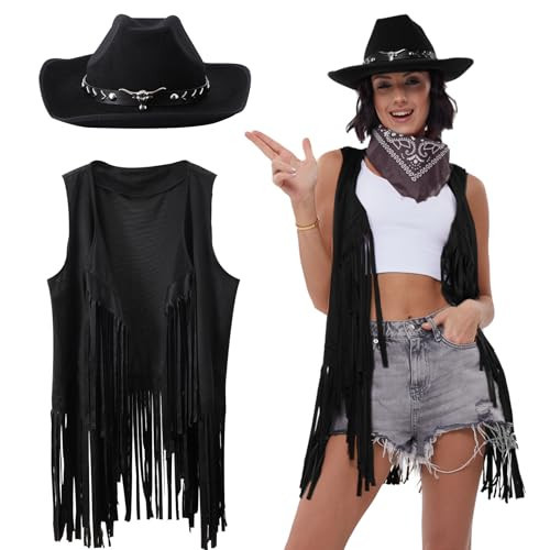 PARTTELY Western Cowgirl Outfits for Women, 70s Hippie Costume Cowgirl Tassels Fringe Vest, Cowboy Hat for Women, Bandana | Amazon (US)