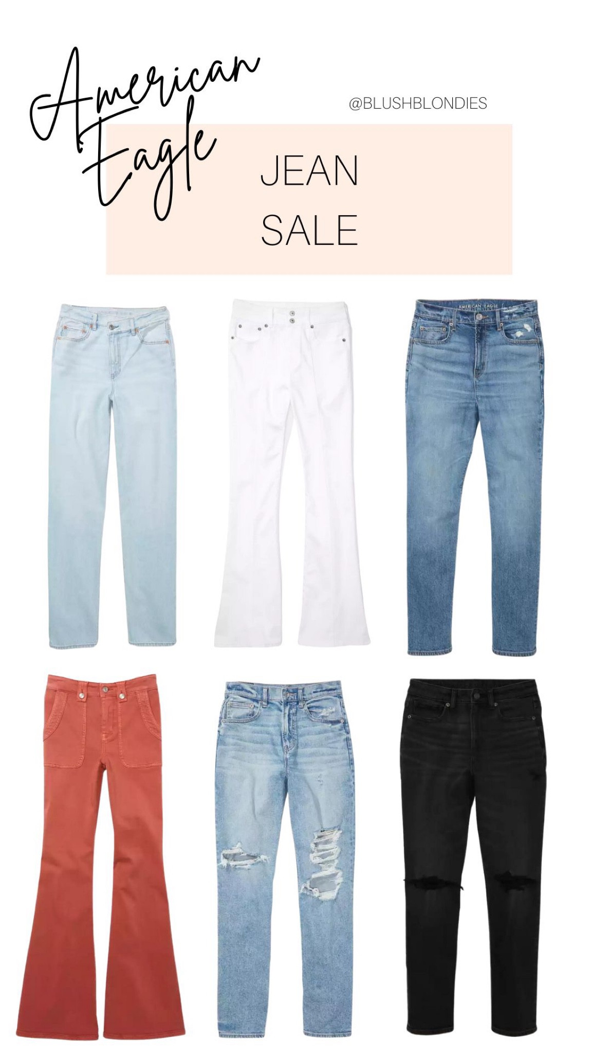 All jeans on sale today at American Eagle! Loving the flare denim, comes in lots of cute colors! 

#LTKunder100 #LTKunder50 #LTKsalealert