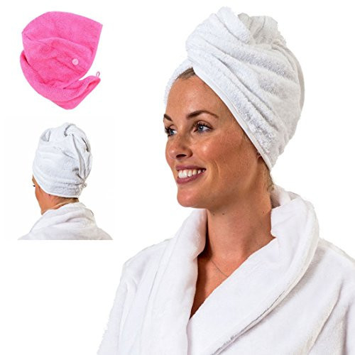 Aztex Luxury Hair Turban, Head Wrap, Hair Drying Towel with Loop and Button Fastener, Absorbent and Lightweight Cotton, Multiple Colours, 64 x 23cm - White | Amazon (UK)