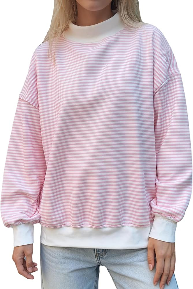 Oversized Striped Mock Neck Sweatshirt Women Cotton Turtleneck Pullover Long Sleeve Tops Spring F... | Amazon (US)
