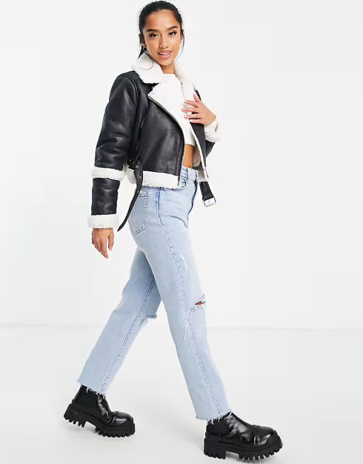 Miss Selfridge Petite shearling cropped aviator jacket in black | ASOS (Global)