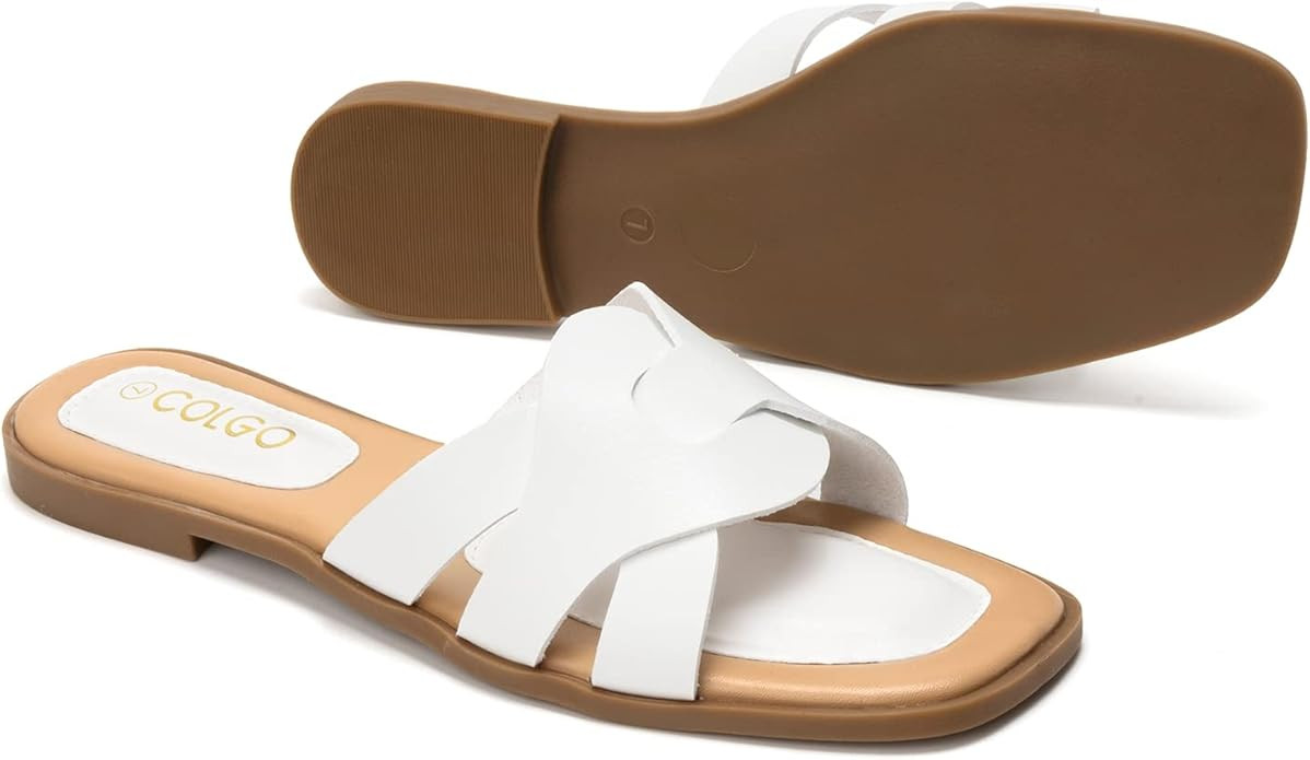 Colgo Women Square Slide Sandals Open Toe Slip on Flat Sandals for Women | Amazon (US)