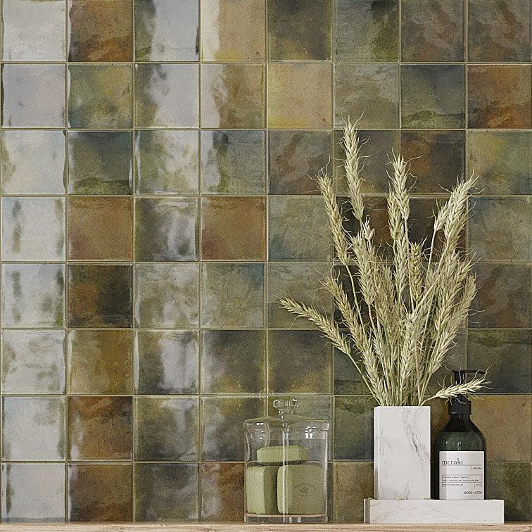 Luna Olive 4x4 Ceramic Square Tile Backsplash and Shower | Tile Club
