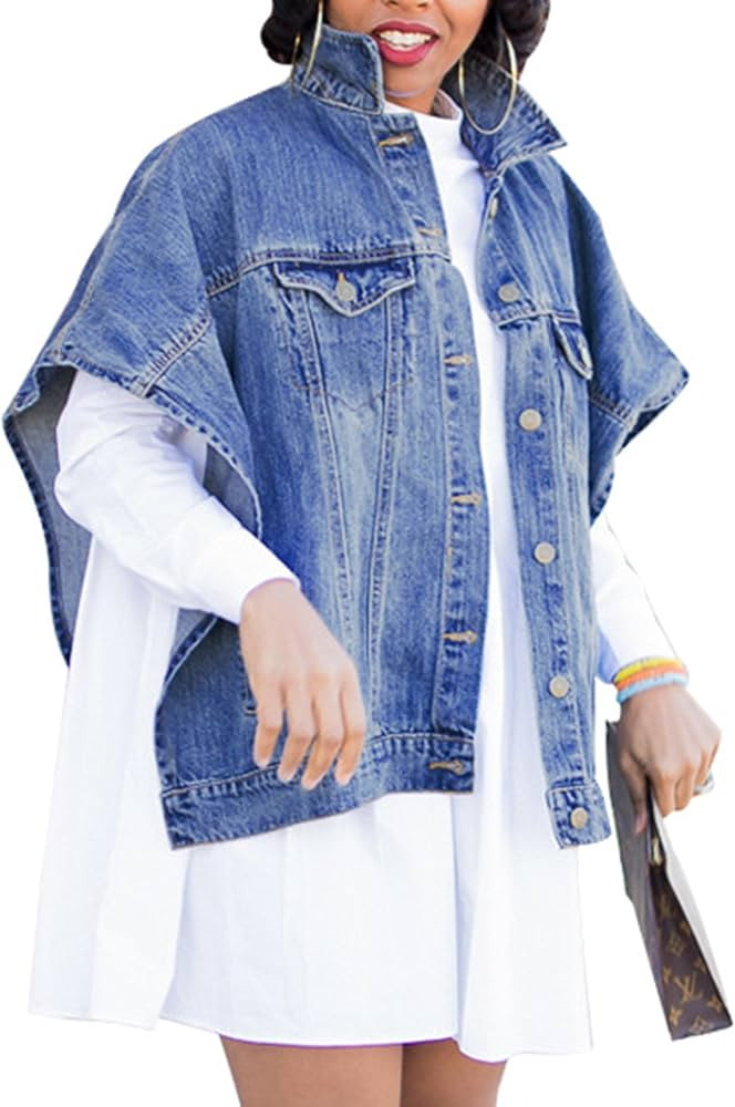 Sexyshine Women's Fashion Denim Jacket Loose Cloak Coat Jacket Washed Destroyed Denim Jackets Pon... | Amazon (US)