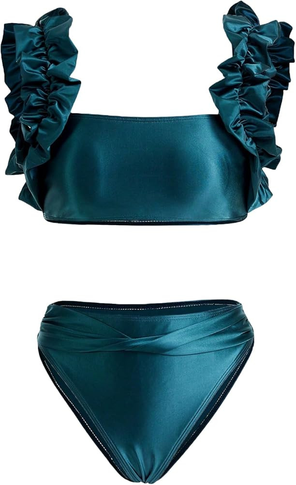 Milumia Women's 2 Piece Bikini Swimsuits Ruffle Trim Ruched High Waisted Bathing Suit | Amazon (US)