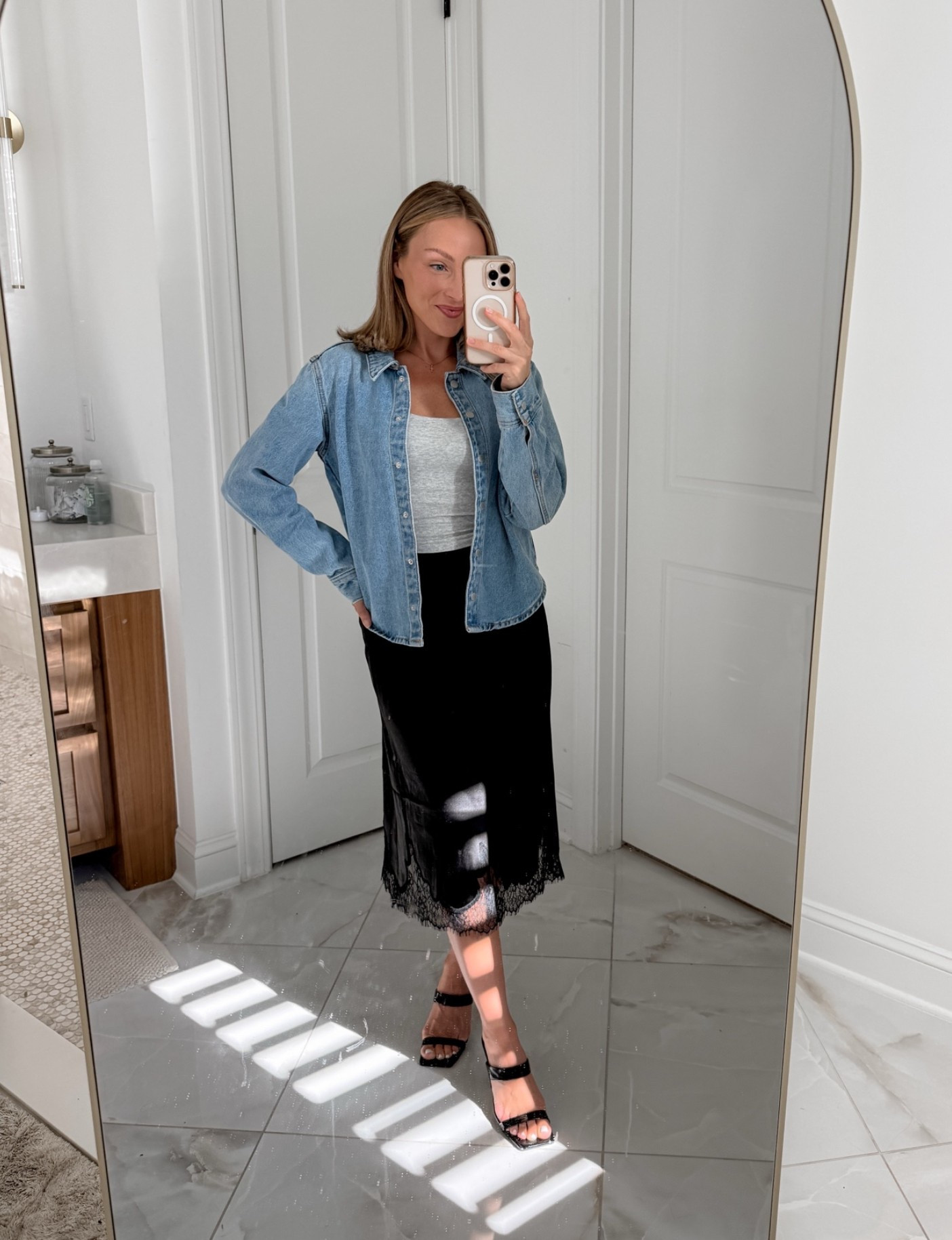 Loving this satin lace skirt from Walmart 😍 comes in a beautiful champagne, color too! Wearing a size XS. You can easily adjust the height of the skirt by rolling it up. Wearing a small in my denim jacket… it’s a more fitted jacket which I love! (I sized up 1) Tank is also from Walmart — wearing a small 🤍

Walmart Style, Walmart Fashion, Date Night outfit, Graduation Outfit, Every Day Style, Target Style, Target Fashion ￼

#LTKmomlife #LTKootd #LTKU