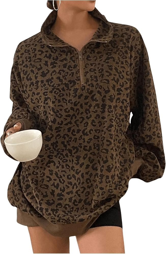 SOLY HUX Women's Leopard Sweatshirt Half Zip Collar Drop Shoulder Long Sleeve Cheetah Print Overs... | Amazon (US)