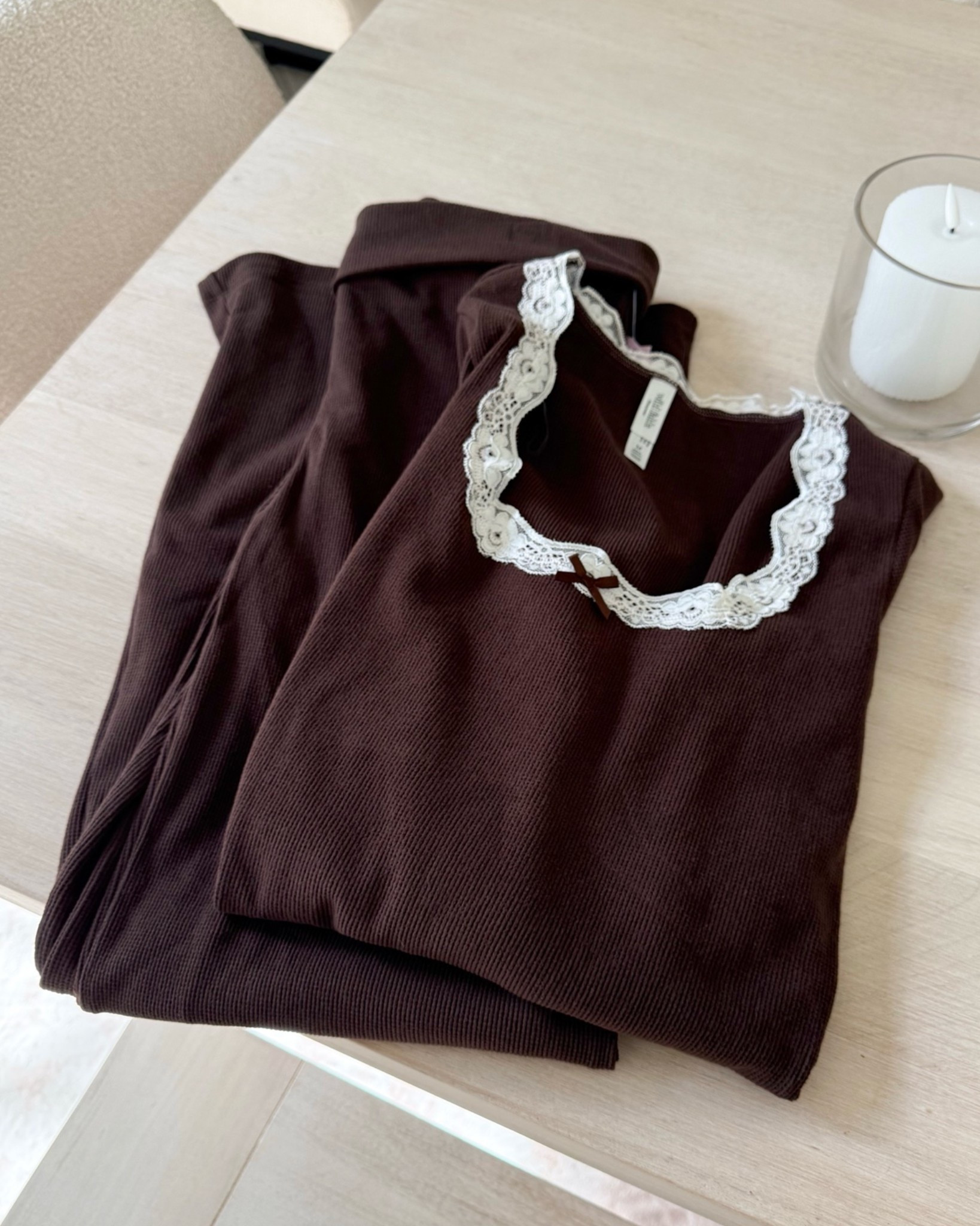 Found the cutest & softest waffle knit loungewear set for fall! 🤎 love the little lace detail & bow on the top. Size up if you want it extra cozy!

#LTKootd #LTKSeasonal #LTKgrwm