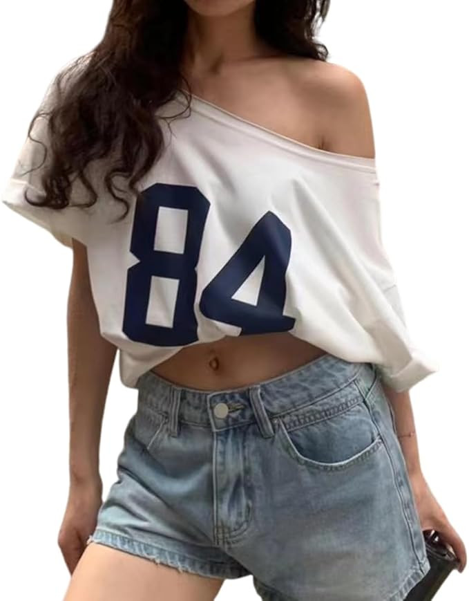 Off The Shoulder Tops for Women Short Sleeve Y2K Jersey Number Graphic Oversized Tshirts E-Girl T... | Amazon (US)