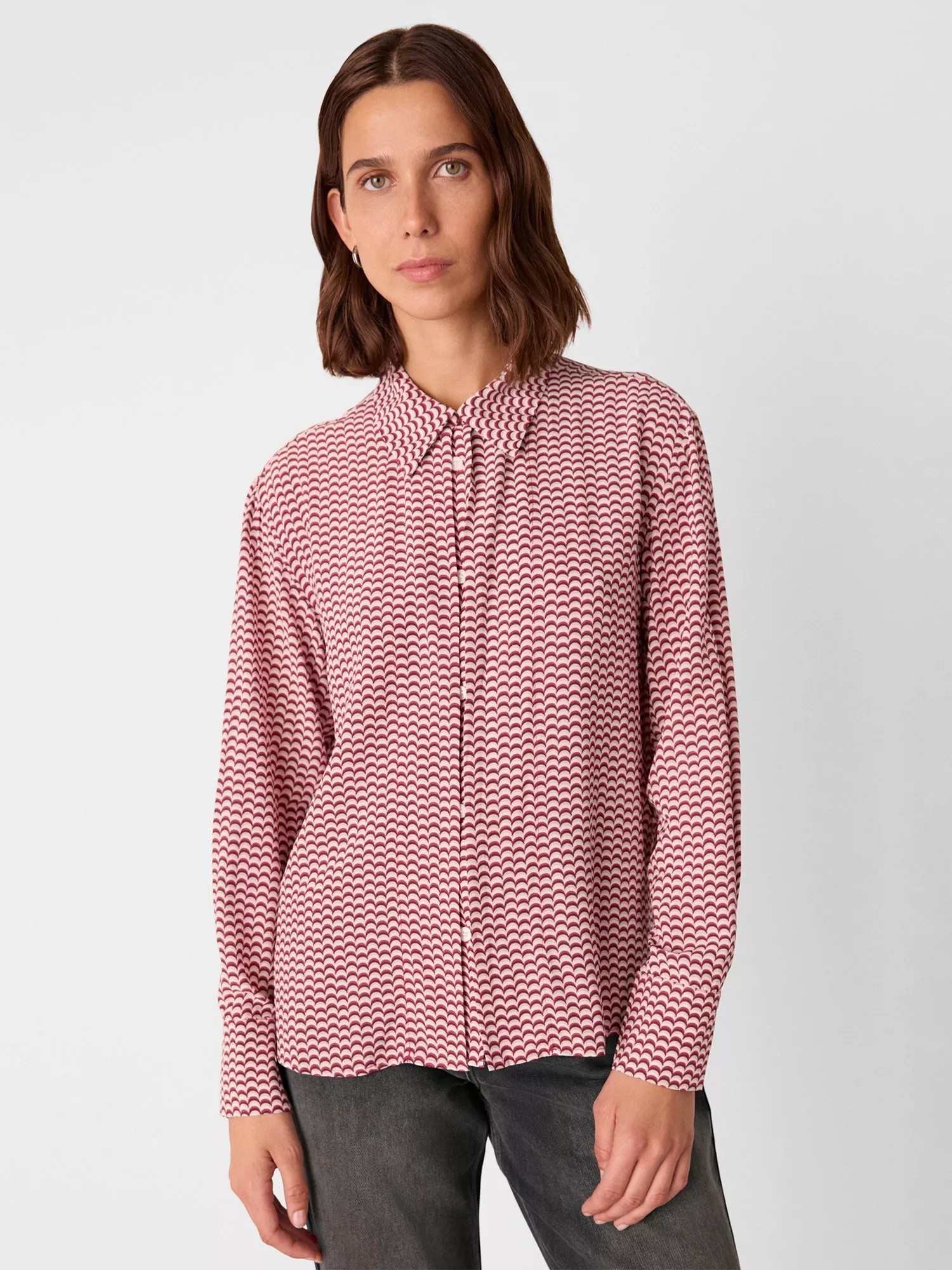 Whistles Geometric Pleat Detail Shirt, Red/Multi | John Lewis (UK)