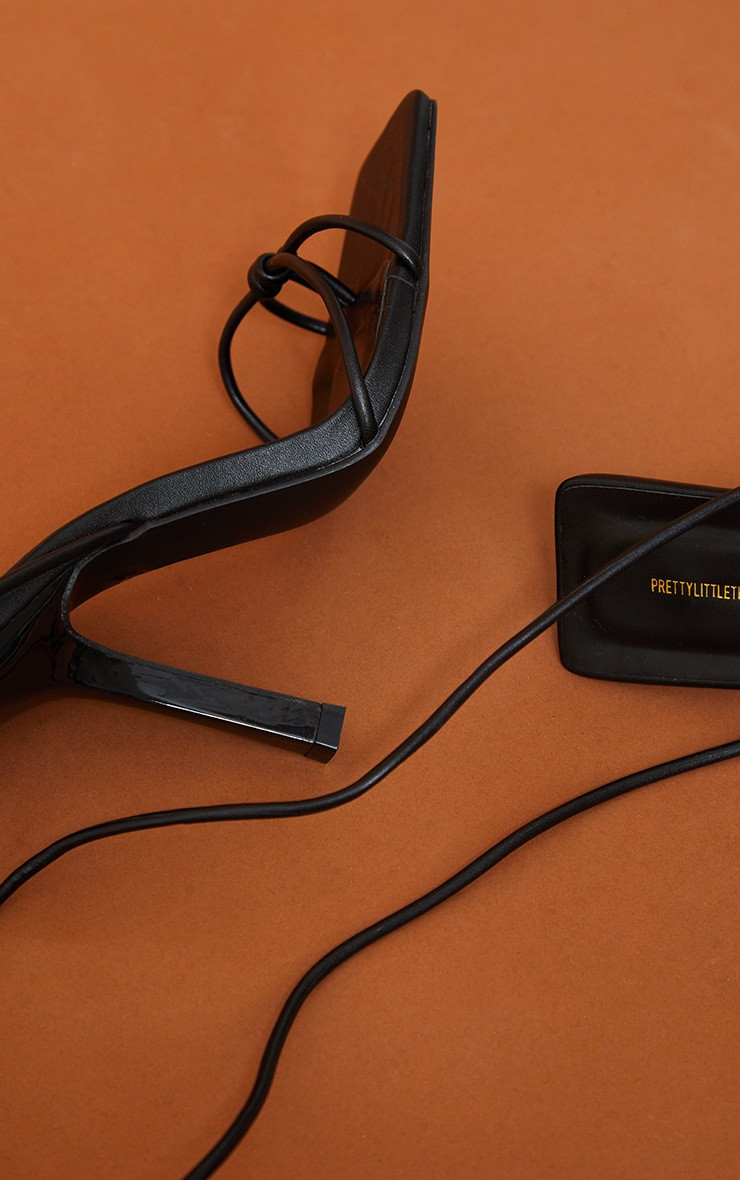 Black PU Square Knot Detail Toe Thong Lace Up High Heeled Sandals | PrettyLittleThing CAN