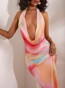 Opulessa Women's Loose Mesh Printed Draped Neck Dress | SHEIN