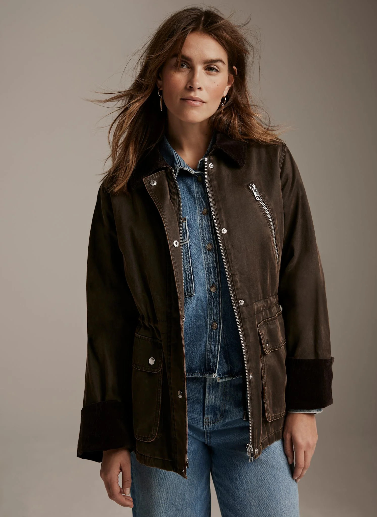 Brown Distressed Wax Cotton Blend Jacket | Mint Velvet