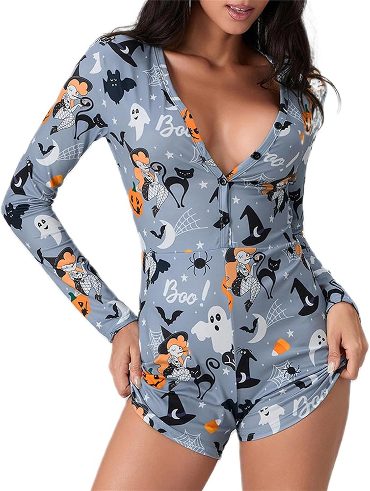 Miqil Women Short Onesie Pajamas Halloween Christmas Print Sexy Bodycon Long Sleeve V Neck One Pi... | Amazon (US)