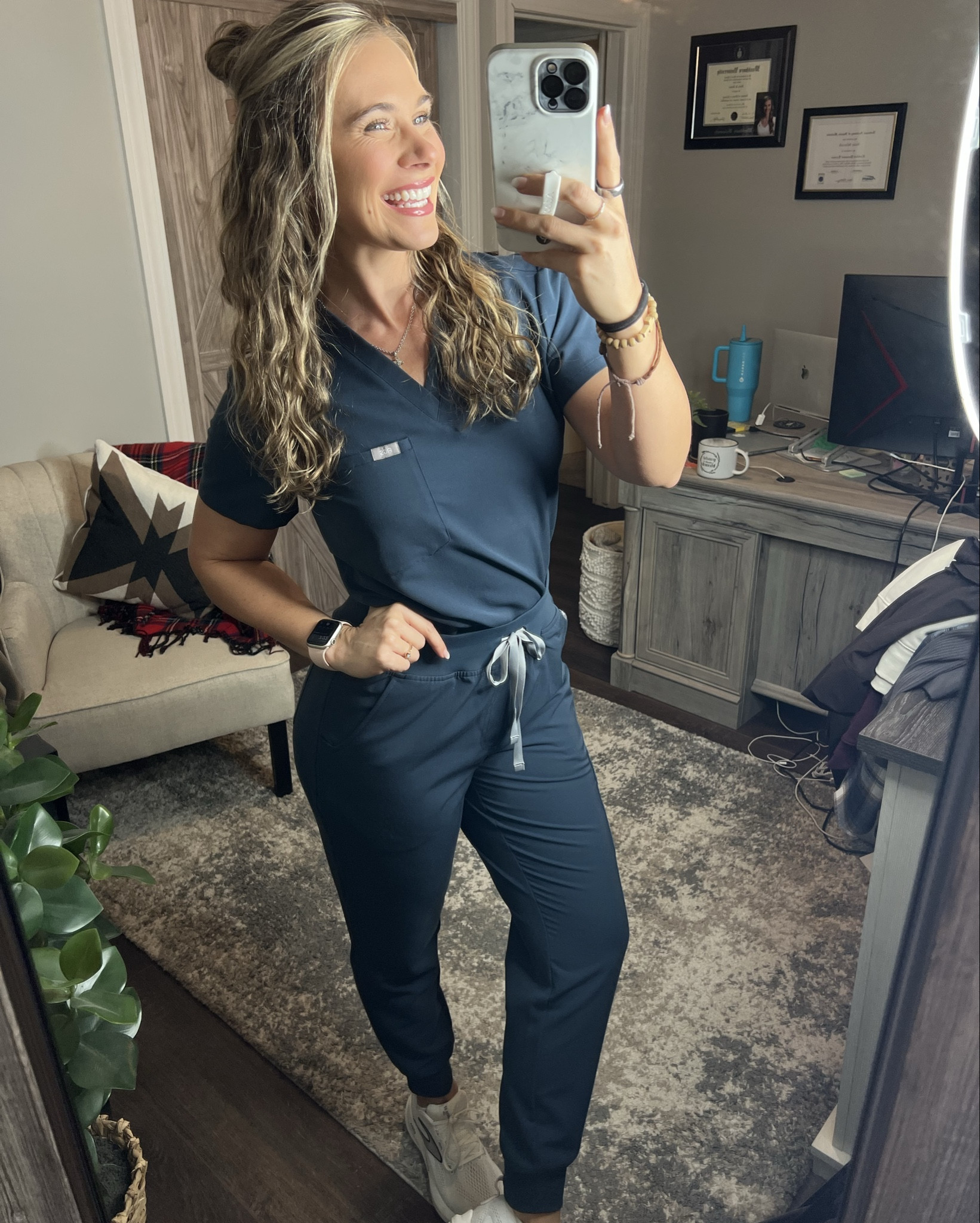 Wavy hair + cute scrubs! Obsessed with this color!!

Small- petite - Catalina scrub top
Medium - petite - high waisted zamara joggers 

5’4.5”
147lbs 

#LTKActive #LTKStyleTip #LTKWorkwear