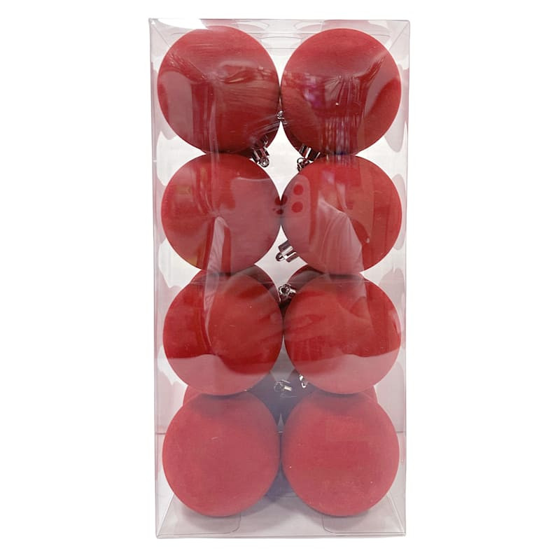 16-Count Red Flocked Shatterproof Ornaments, 70mm | At Home