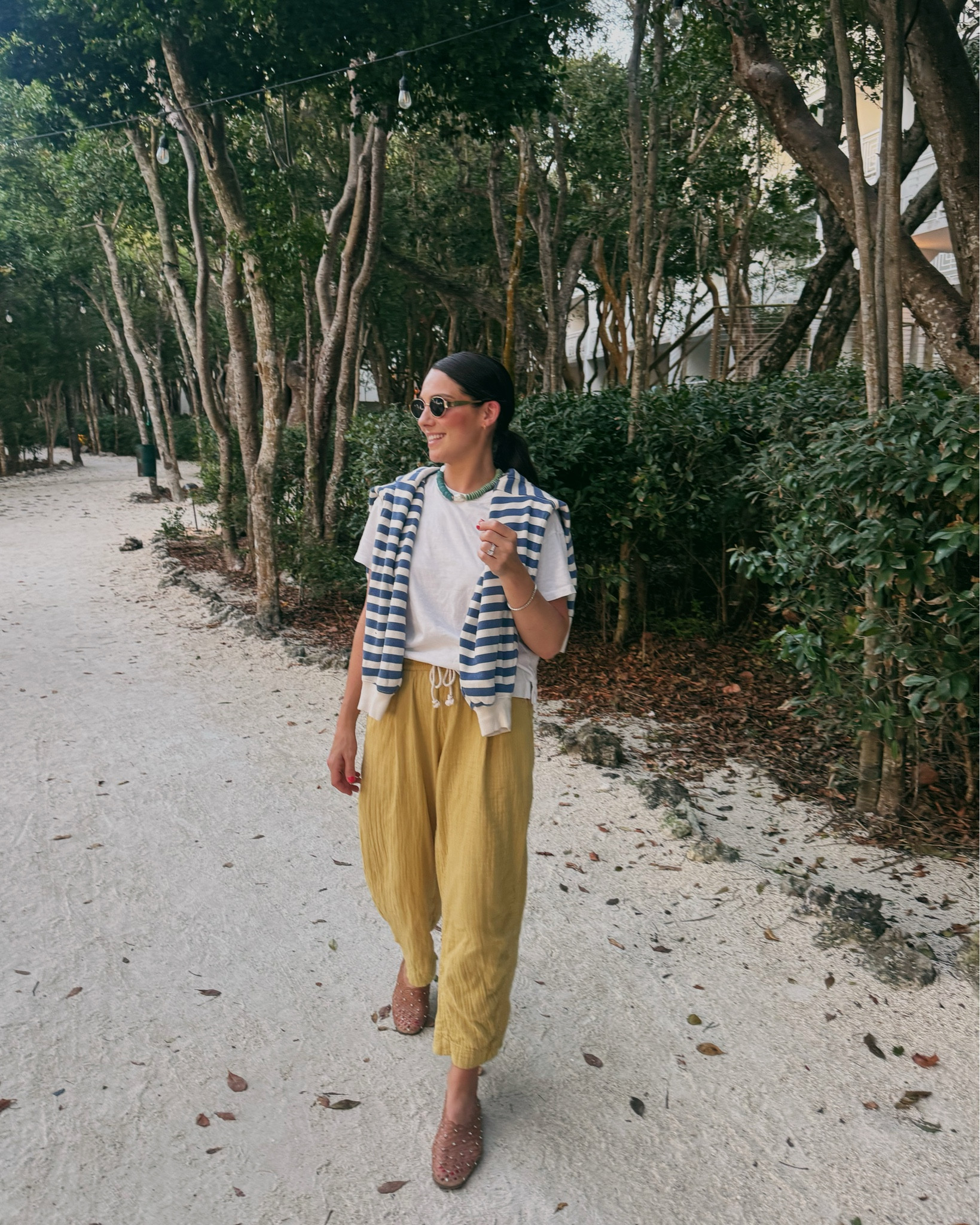 Gaze pants worn day & night for a beach vacation 