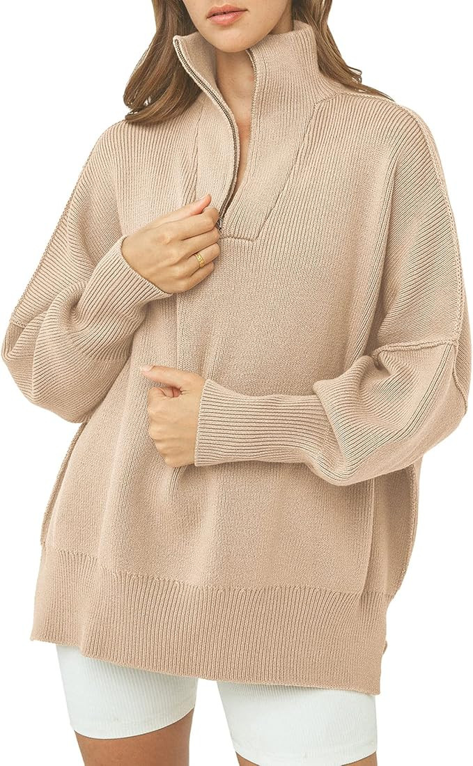 Women's 2023 Fall Pullover Oversized Sweaters Casual Long Sleeve Zip Up Collared Winter Tops Blou... | Amazon (US)