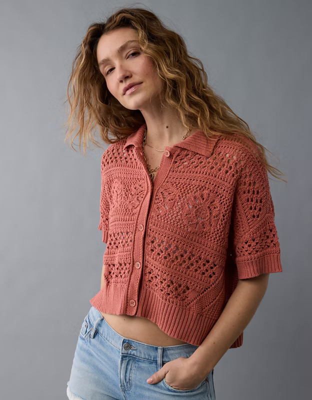 AE Crochet Button-Up Sweater Polo Shirt | American Eagle Outfitters (US & CA)