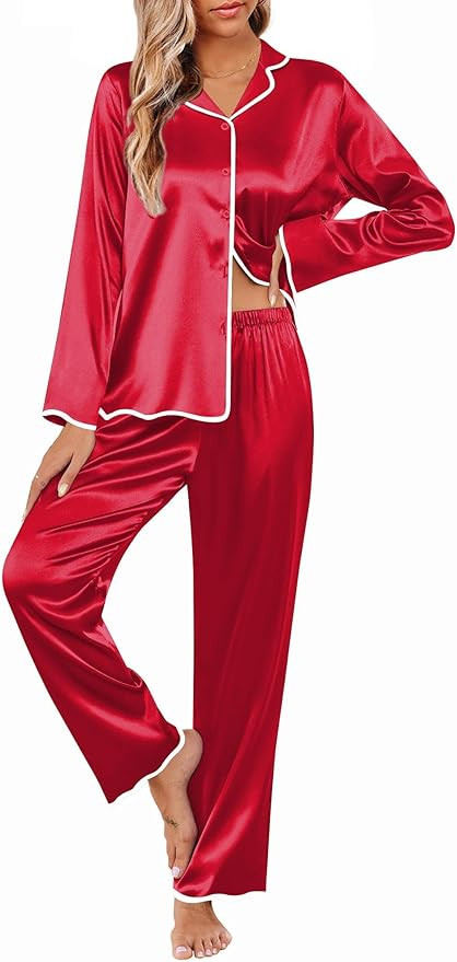 Ekouaer Silk Pajamas Set Long Sleeve Satin Pajama Sets 2 Pieces Button Down Pjs Ruffle Hems Pj Se... | Amazon (US)