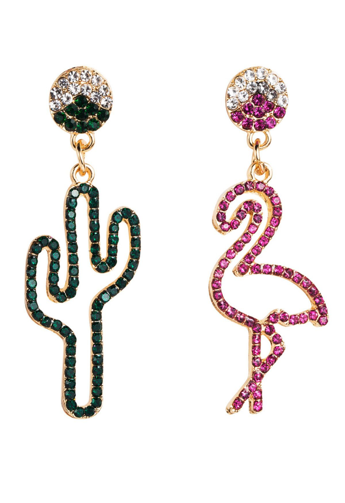 Cactus and Flamingo Rhinestone Earrings | Chicwish